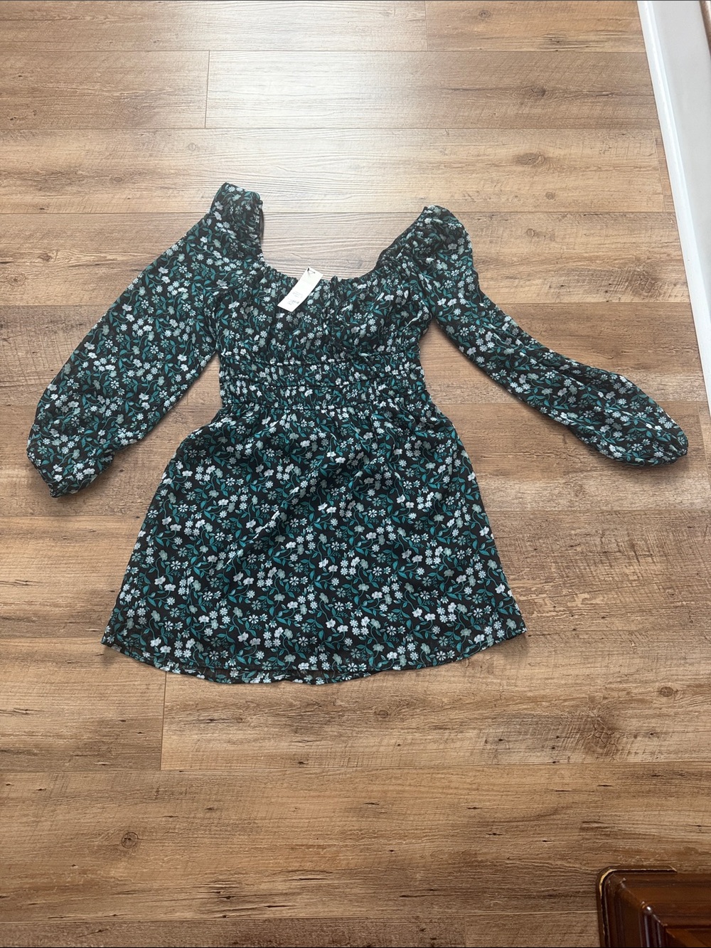 Black Floral Dress with Teal and White Flowers